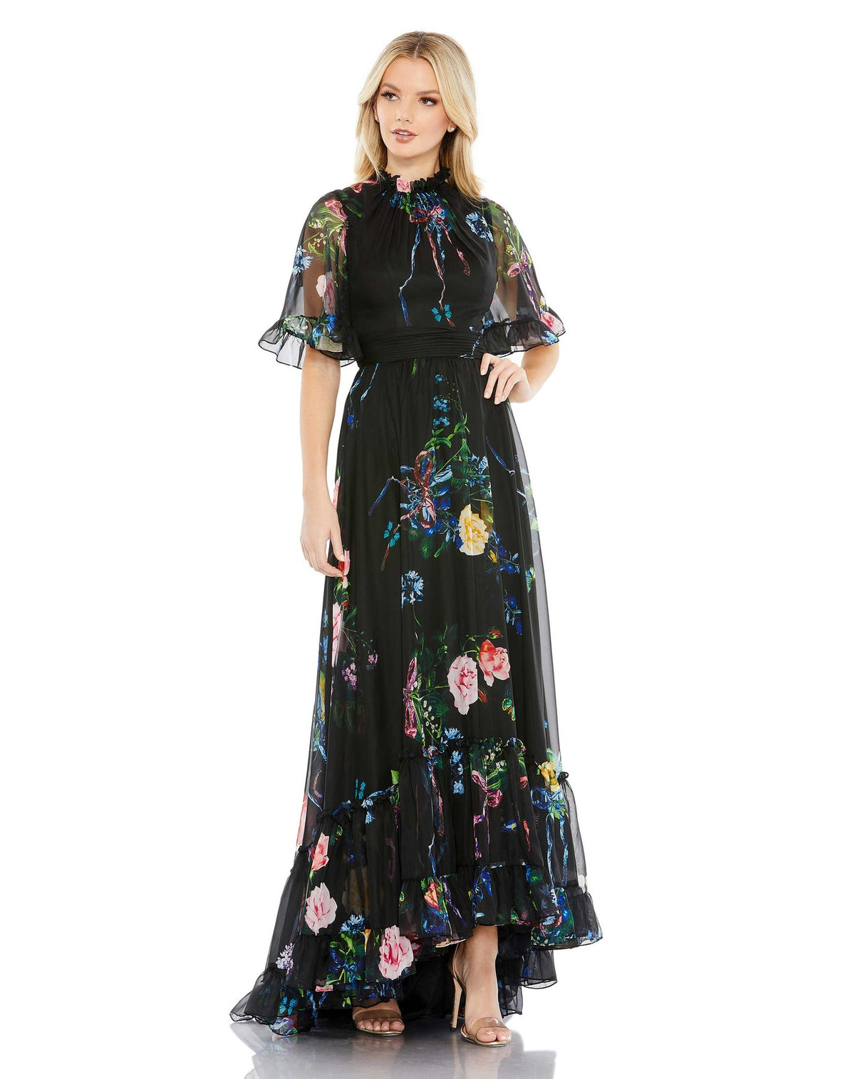 mac duggal, FLORAL PRINT RUFFLED HIGH NECK FLUTTER SLEEVE MODEST GOWN, Style #68230, black