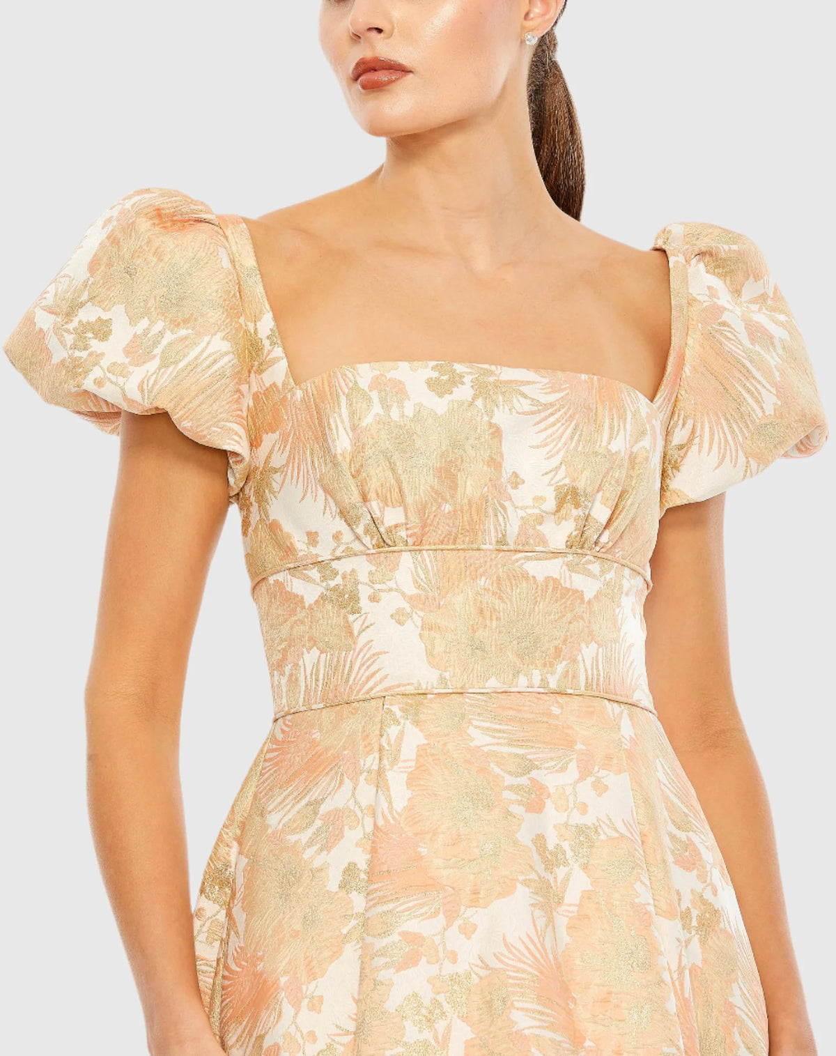 Floral Print Puff Sleeve Brocade Gown - Peach