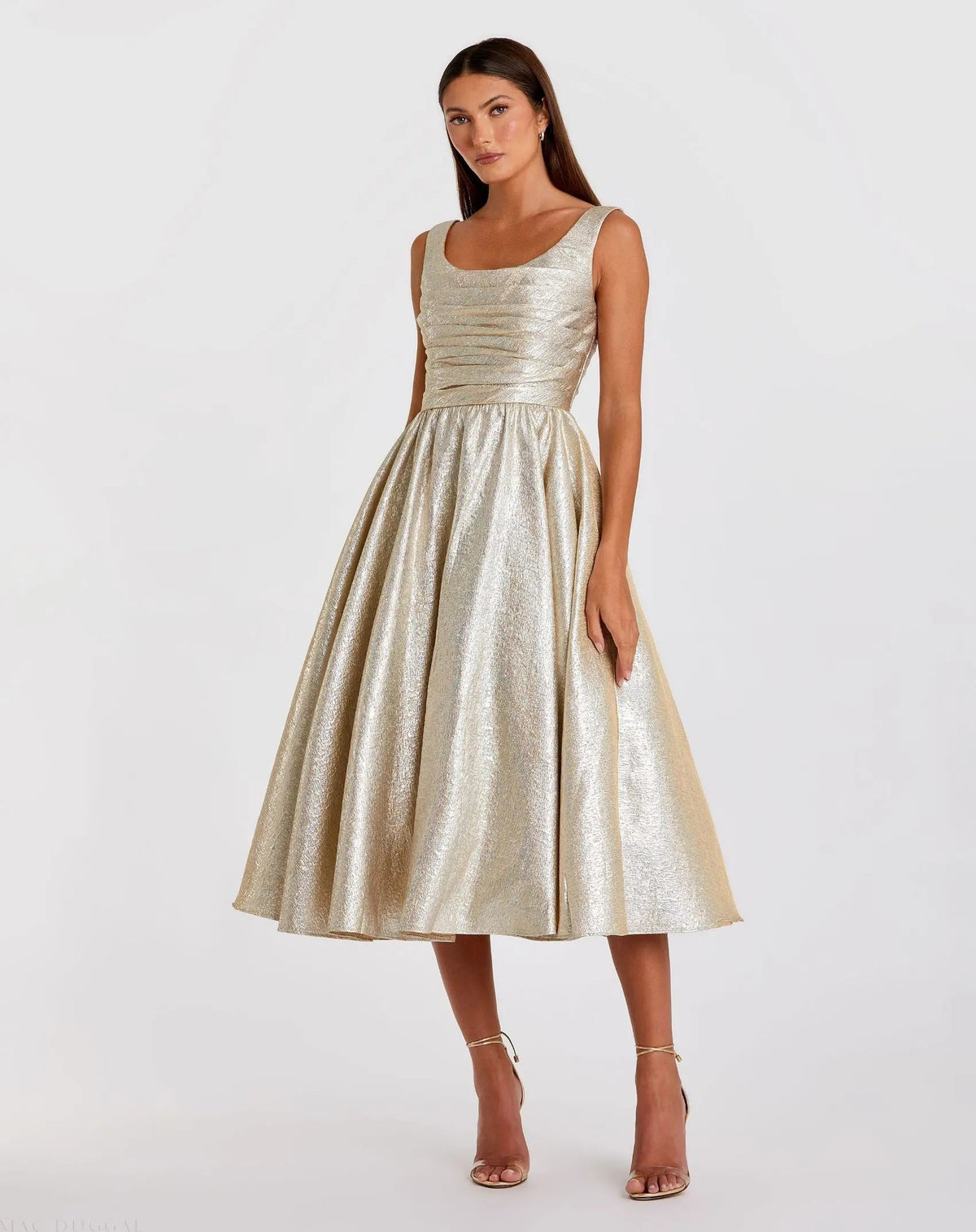 Mac Duggal #68350 oyster square neck sleeveless metallic midi dress