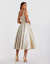 Mac Duggal #68350 oyster square neck sleeveless metallic midi dress