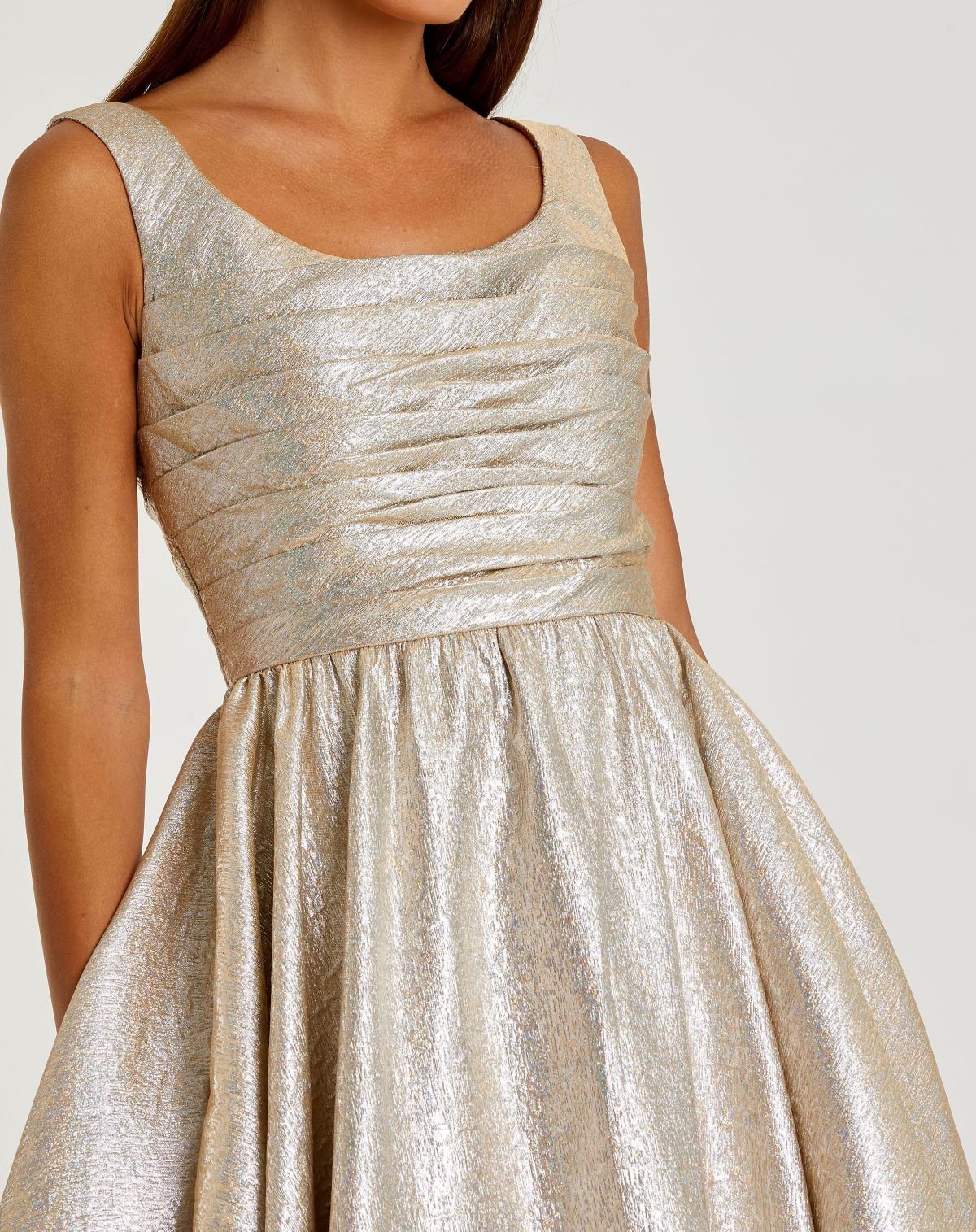 Mac Duggal #68350 oyster square neck sleeveless metallic midi dress
