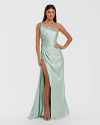 Mac Duggal #68447 Sage embellished one shoulder satin gown