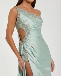 Mac Duggal #68447 Sage embellished one shoulder satin gown