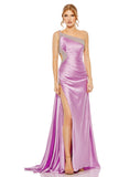 Style #68447 Designer: Mac Duggal RUCHED ONE SHOULDER SIDE CUTOUT EMBELLISHED SATIN GOWN