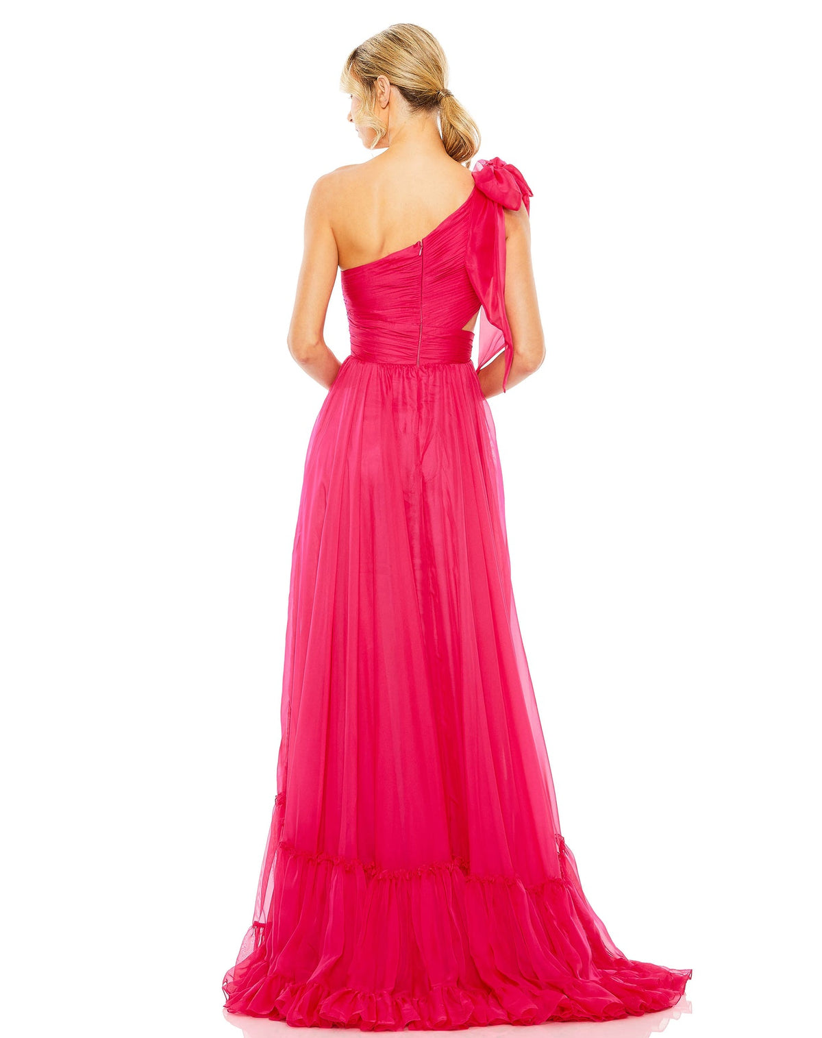 Style #68472 Designer: Mac Duggal TIERED ONE SHOULDER RUCHED GOWN pink