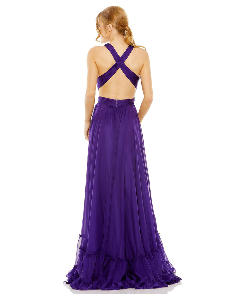 Mac Duggal, Halter keyhole cut out tiered gown - Purple, Style #68474 back view