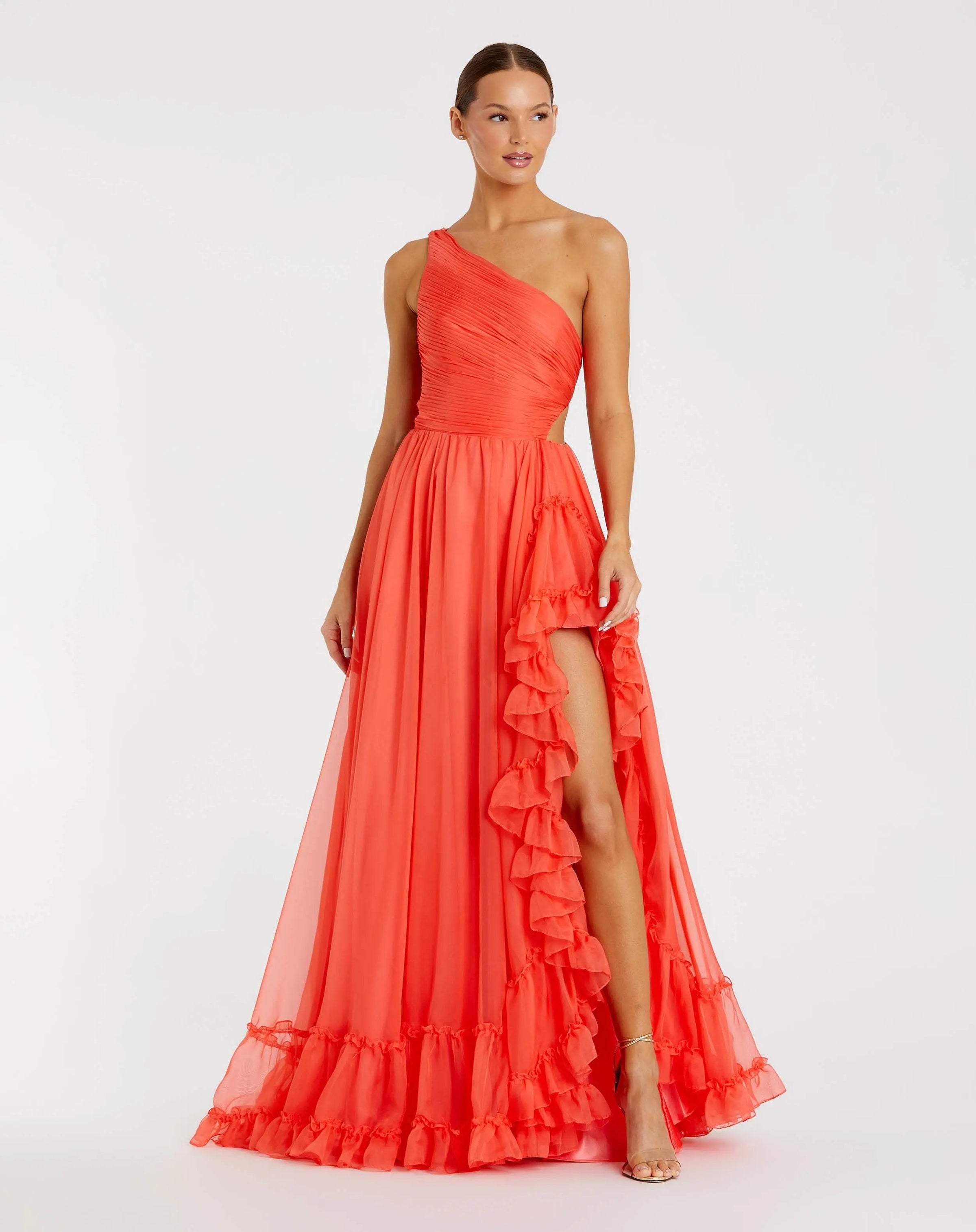 Mac Duggal #68476 tangerine one shoulder high low ruffled chiffon gown