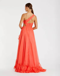 Mac Duggal #68476 tangerine one shoulder high low ruffled chiffon gown