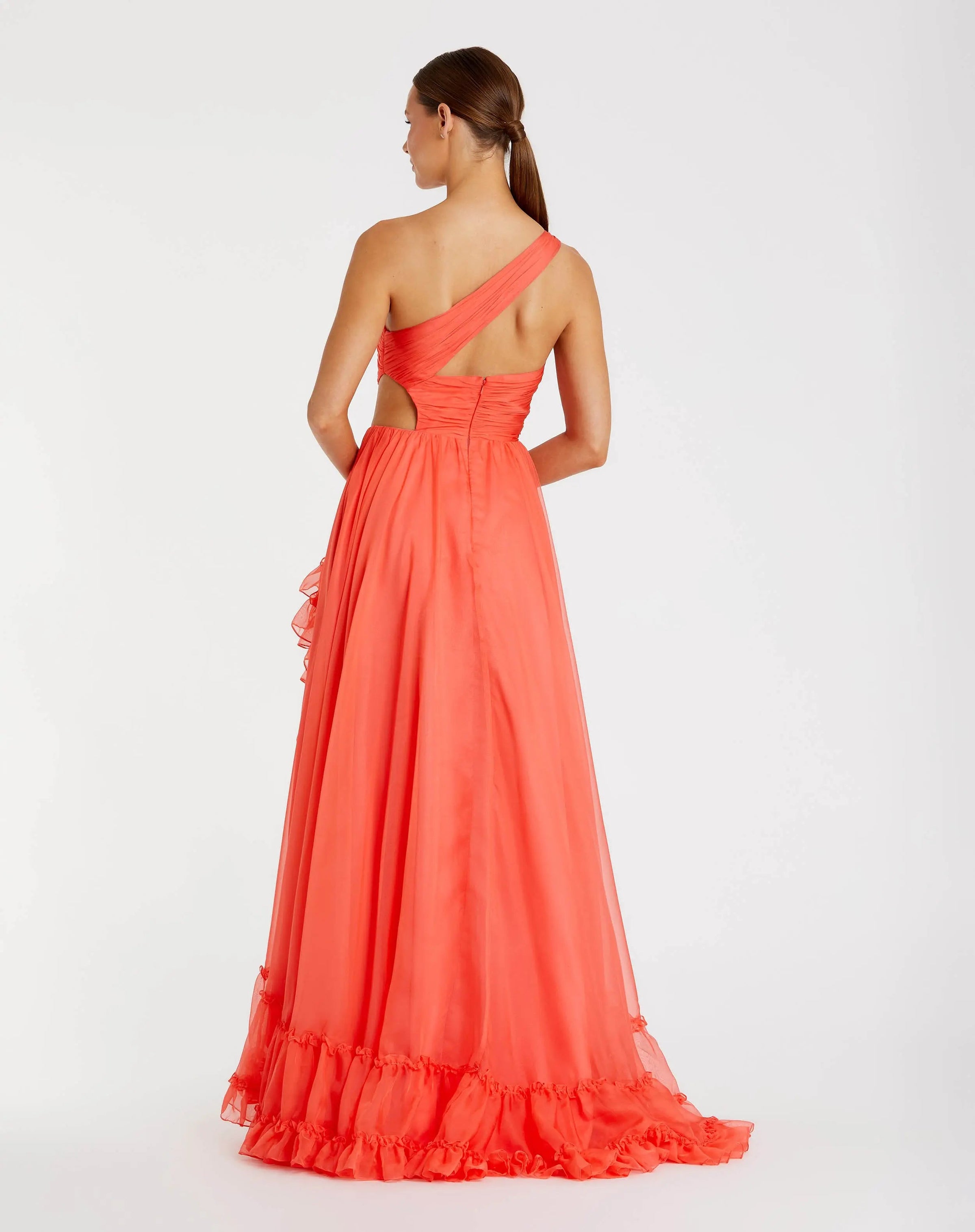 Mac Duggal #68476 tangerine one shoulder high low ruffled chiffon gown