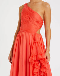 Mac Duggal #68476 tangerine one shoulder high low ruffled chiffon gown