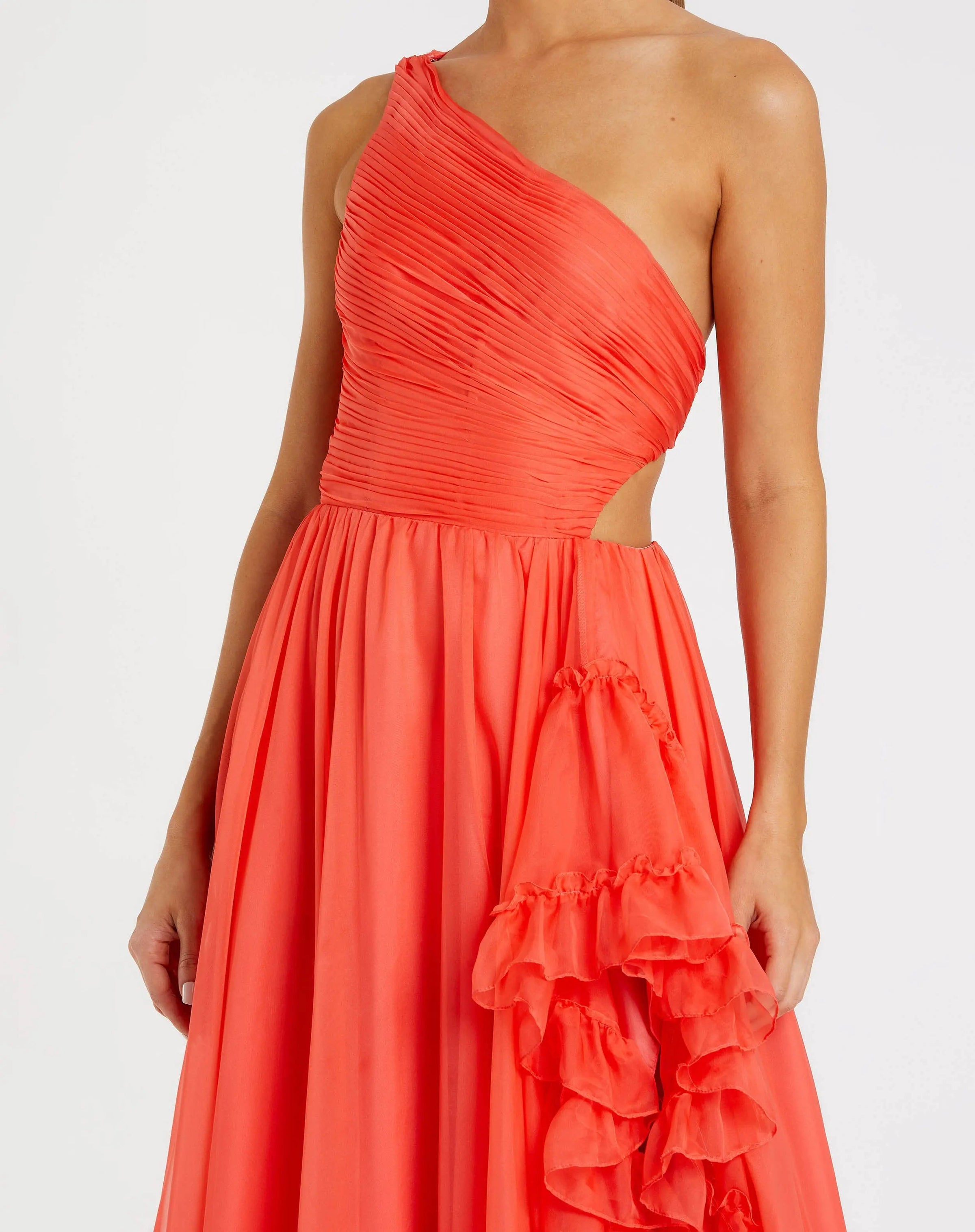 Mac Duggal #68476 tangerine one shoulder high low ruffled chiffon gown