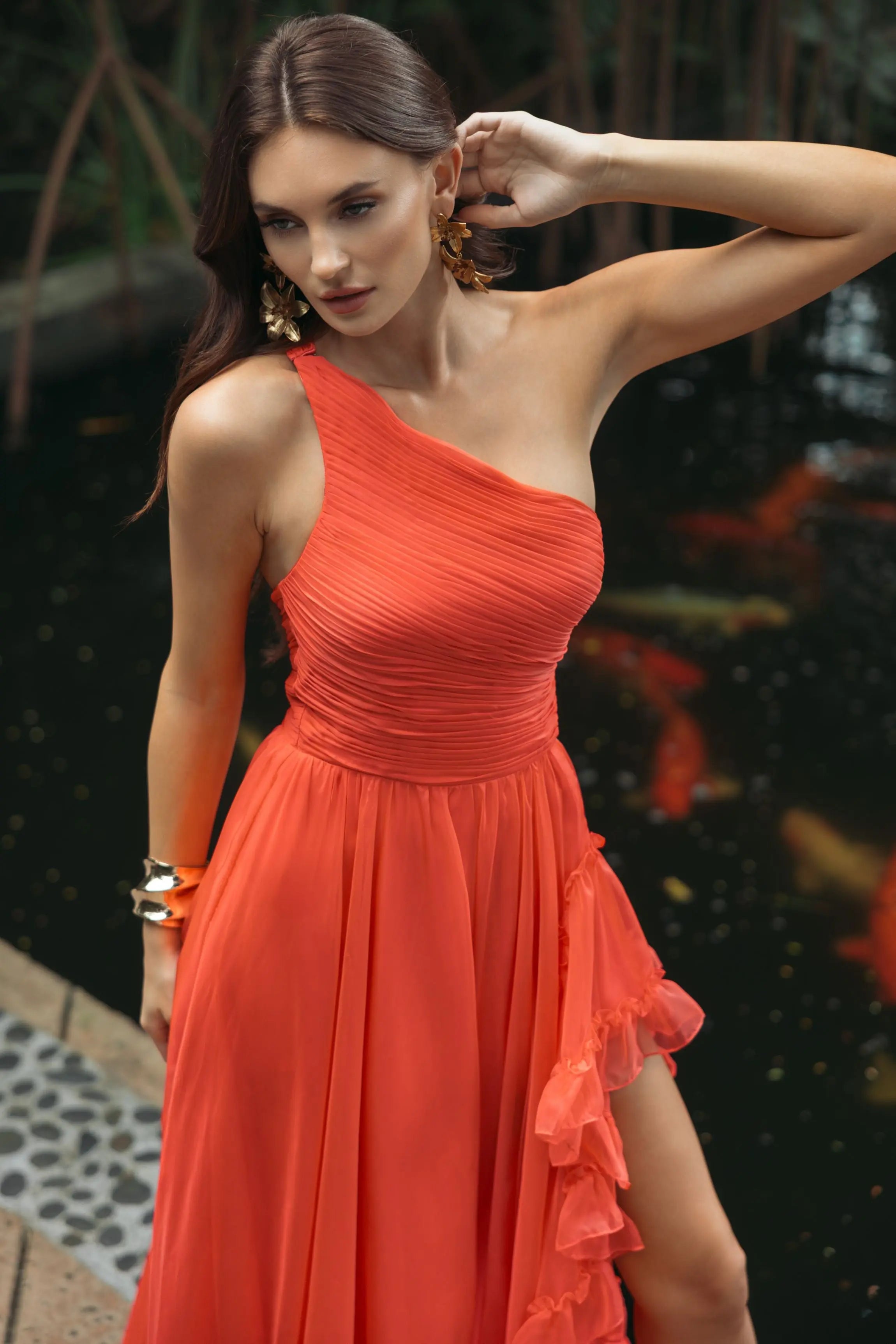 Mac Duggal #68476 tangerine one shoulder high low ruffled chiffon gown