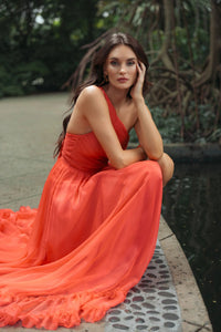 Mac Duggal #68476 tangerine one shoulder high low ruffled chiffon gown