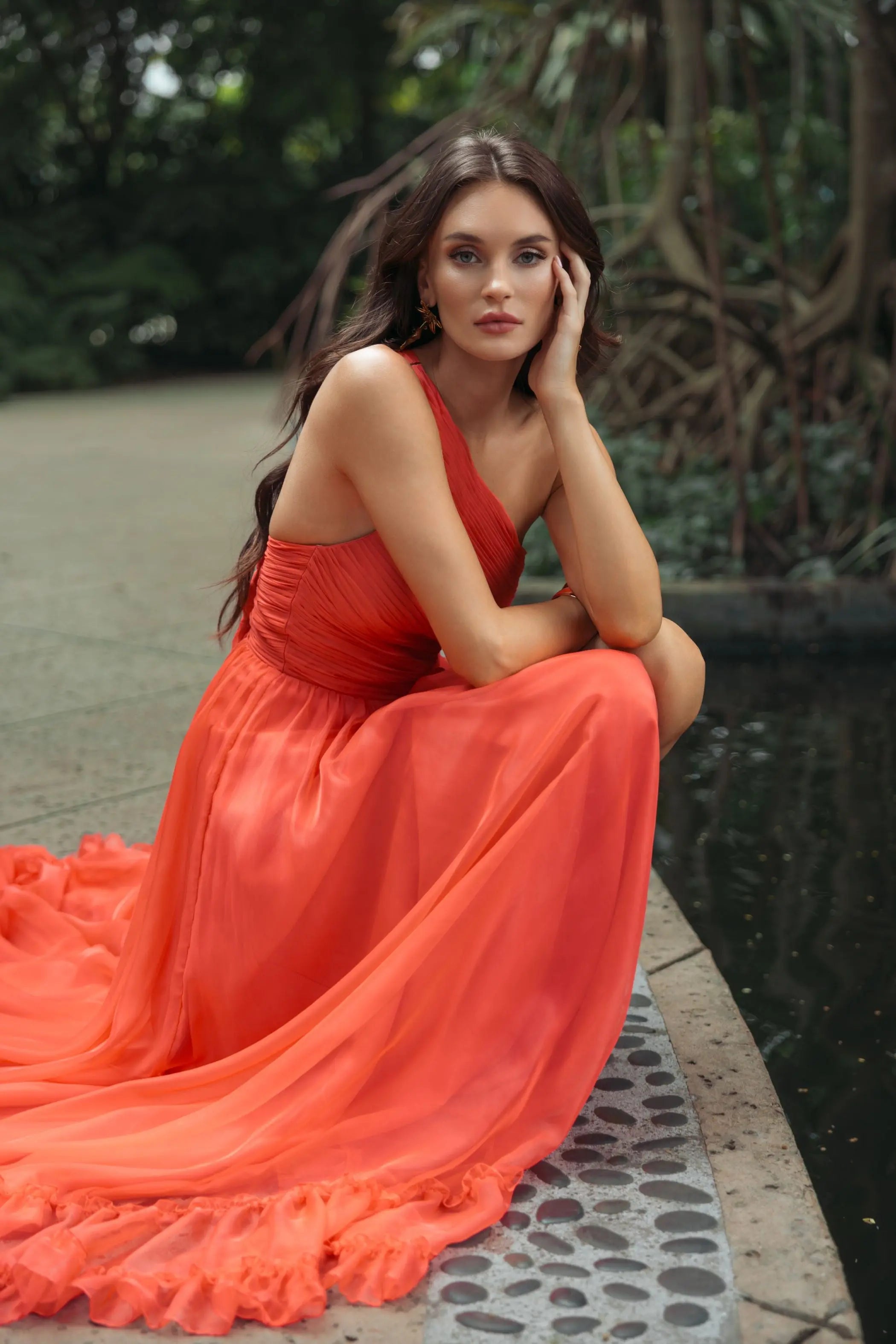 Mac Duggal #68476 tangerine one shoulder high low ruffled chiffon gown