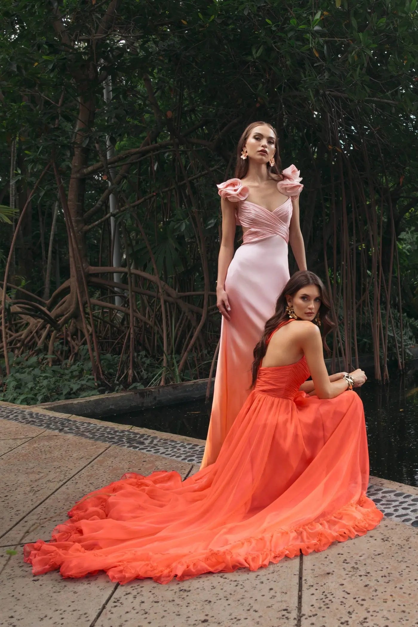 Mac Duggal #68476 tangerine one shoulder high low ruffled chiffon gown