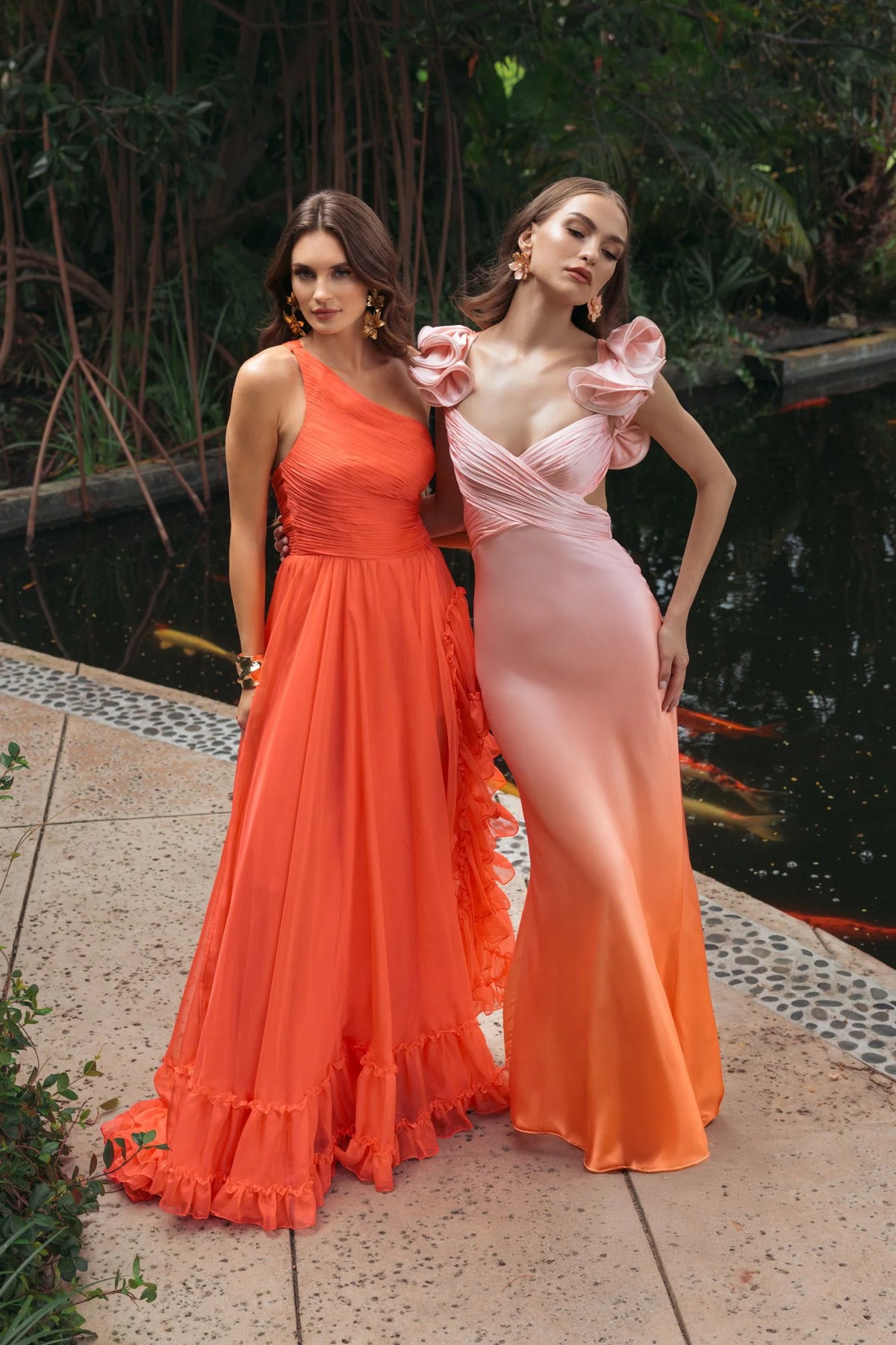 Charmeuse Ruffle Strap Crossover Ombre Gown - Orange