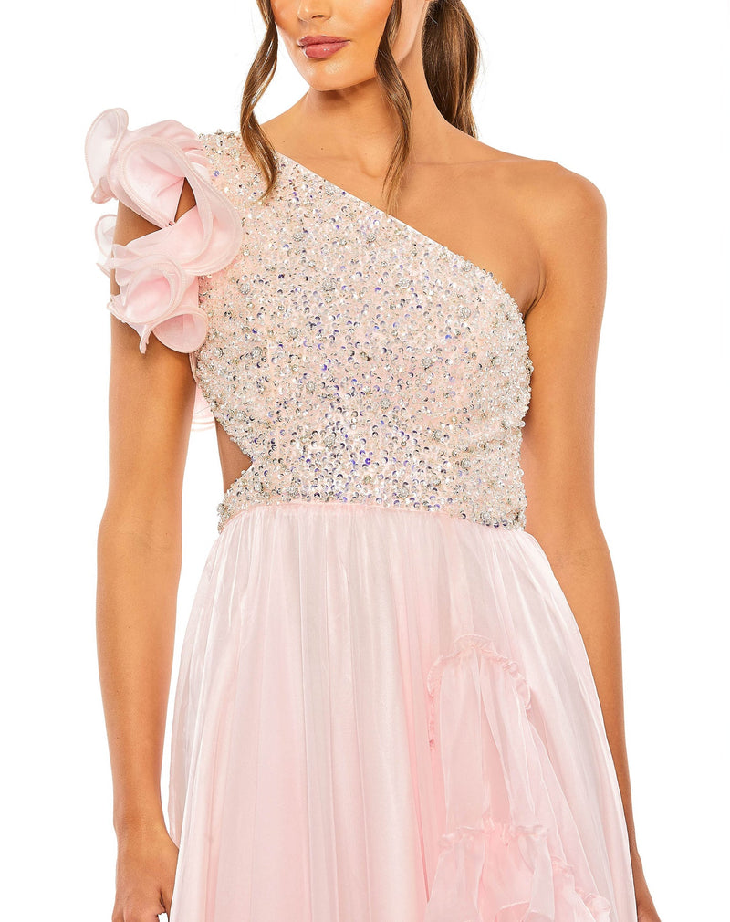 Ruffled one shoulder embellished lace up gown - Pink