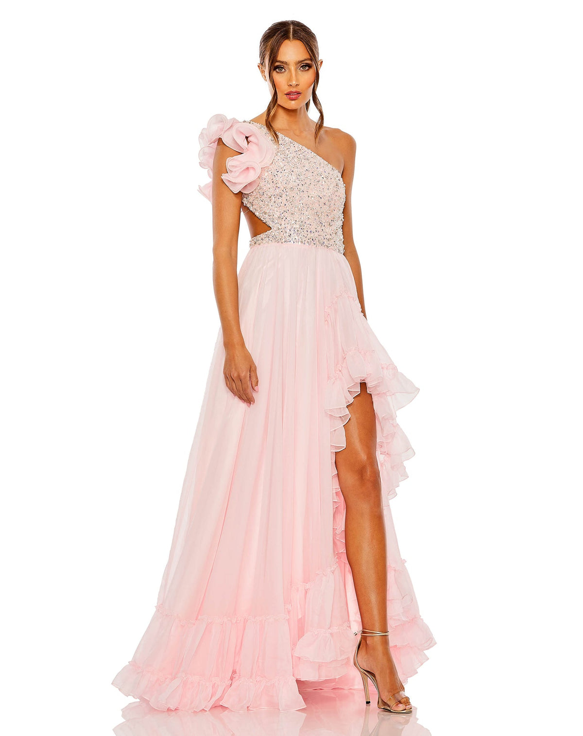 Ruffled one shoulder embellished lace up gown - Pink