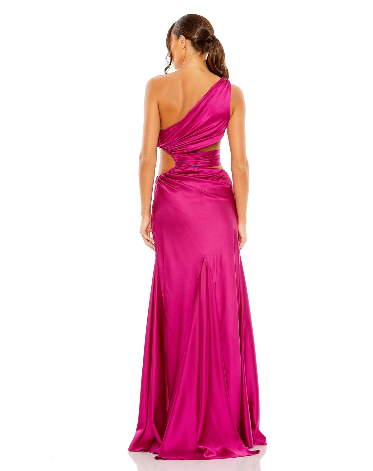 Style #68485 Mac Duggal Magenta CUT OUT ONE SHOULDER SATIN GOWN back