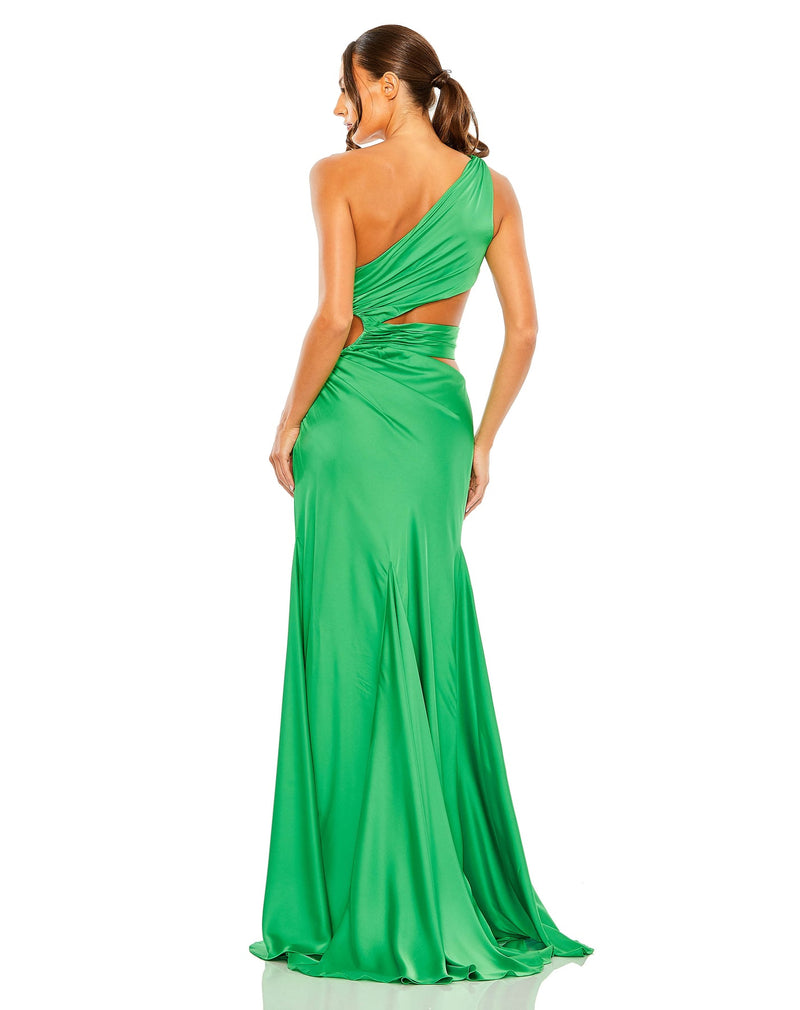 Style #68485 Mac Duggal Magenta CUT OUT ONE SHOULDER SATIN GOWN spring green back