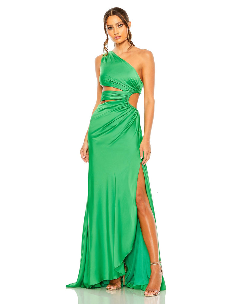 Style #68485 Mac Duggal Magenta CUT OUT ONE SHOULDER SATIN GOWN spring green