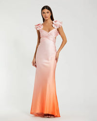 Mac Duggal Charmeuse Ruffle Strap Crossover Ombre Gown - Orange