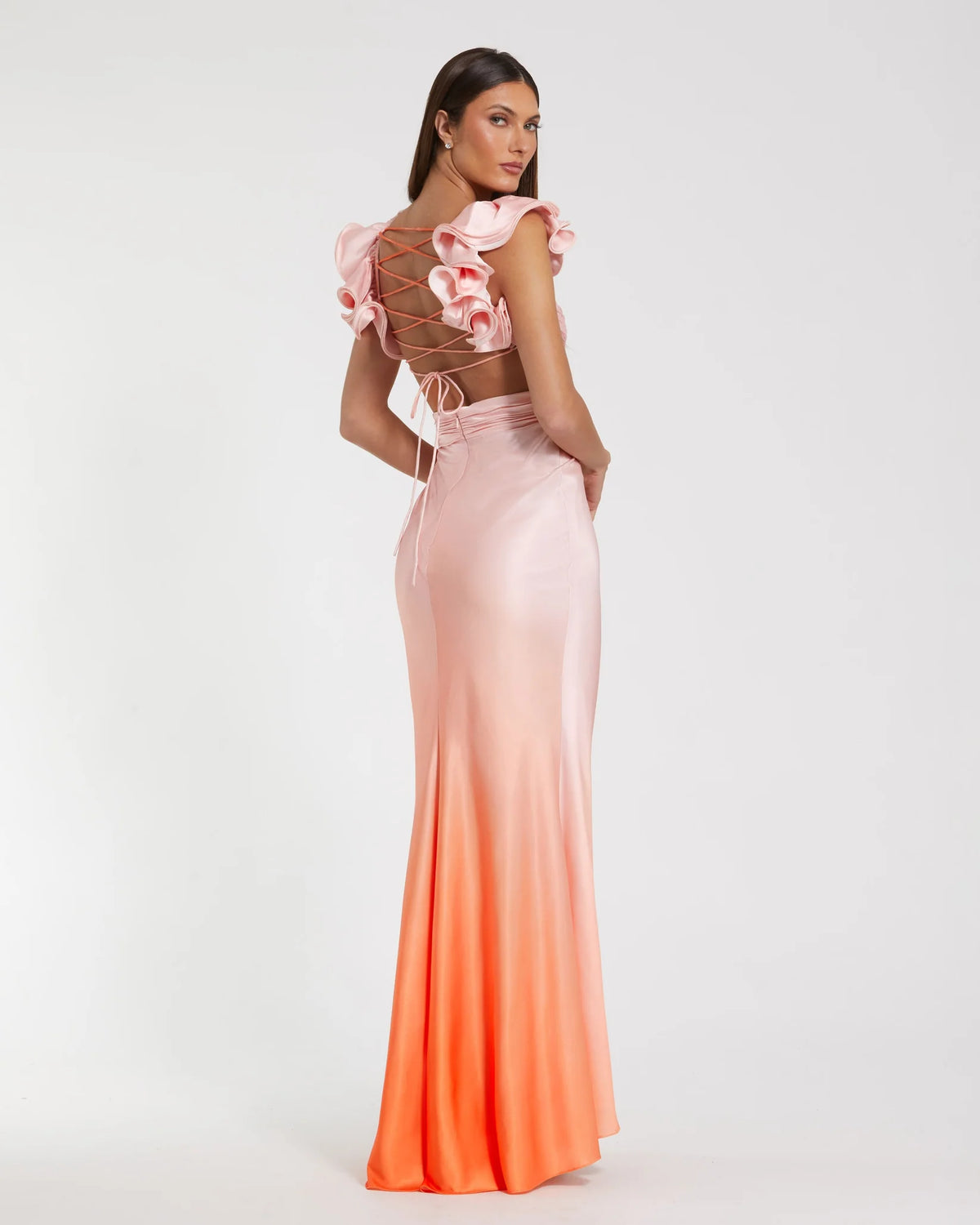 Mac Duggal Charmeuse Ruffle Strap Crossover Ombre Gown - Orange