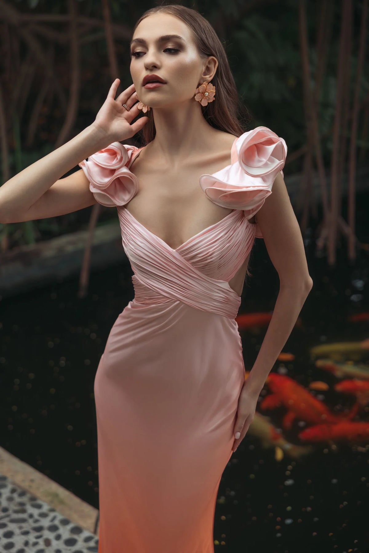 Charmeuse Ruffle Strap Crossover Ombre Gown - Orange