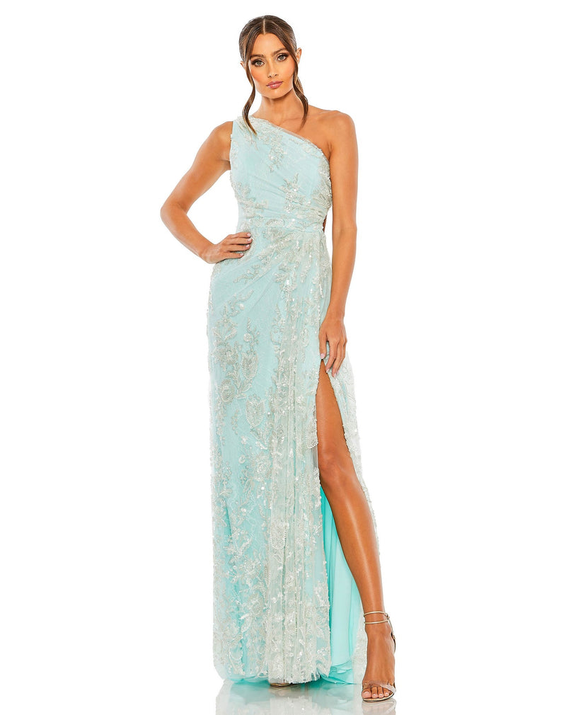 Style #68507 Designer: Mac Duggal One shoulder side cut out embellished gown - Mint