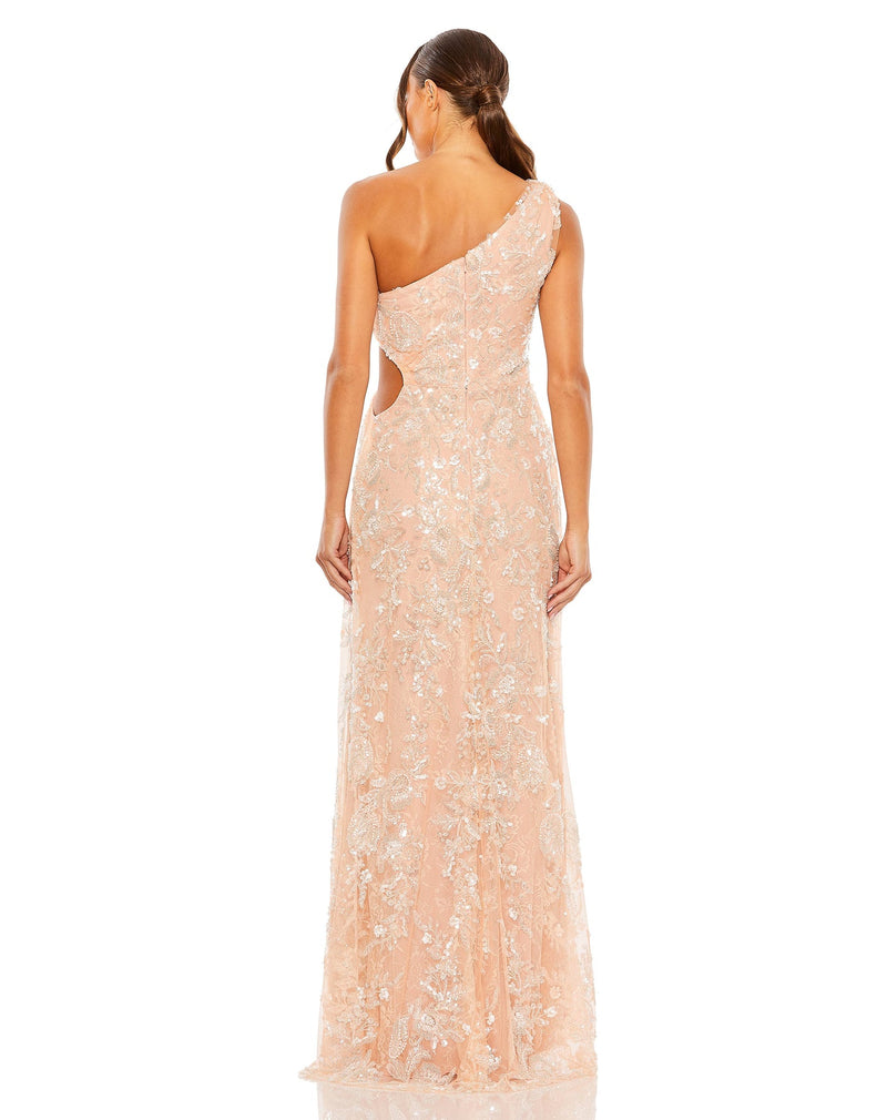 One shoulder side cut out embellished gown - Peach