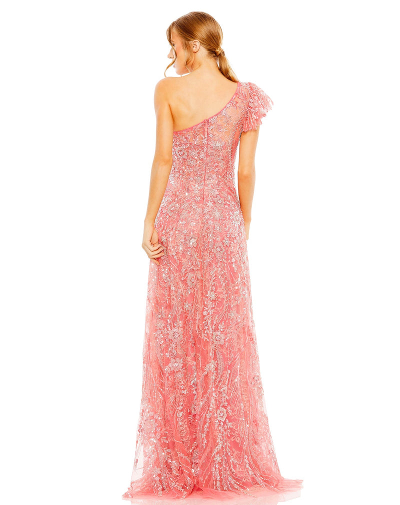 Asymmetric one shoulder crystal embellished gown - Coral