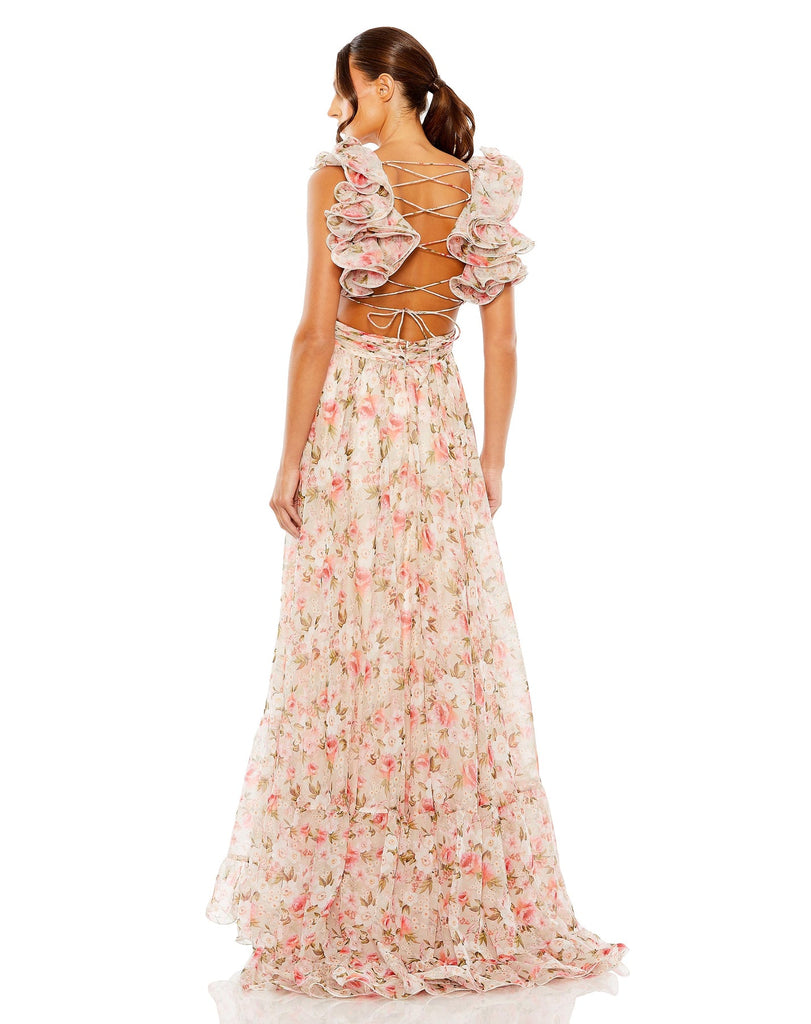 RUFFLE TIERED CUT-OUT CHIFFON FLORAL GOWN back