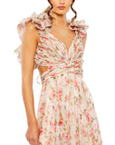 RUFFLE TIERED CUT-OUT CHIFFON FLORAL GOWN close up