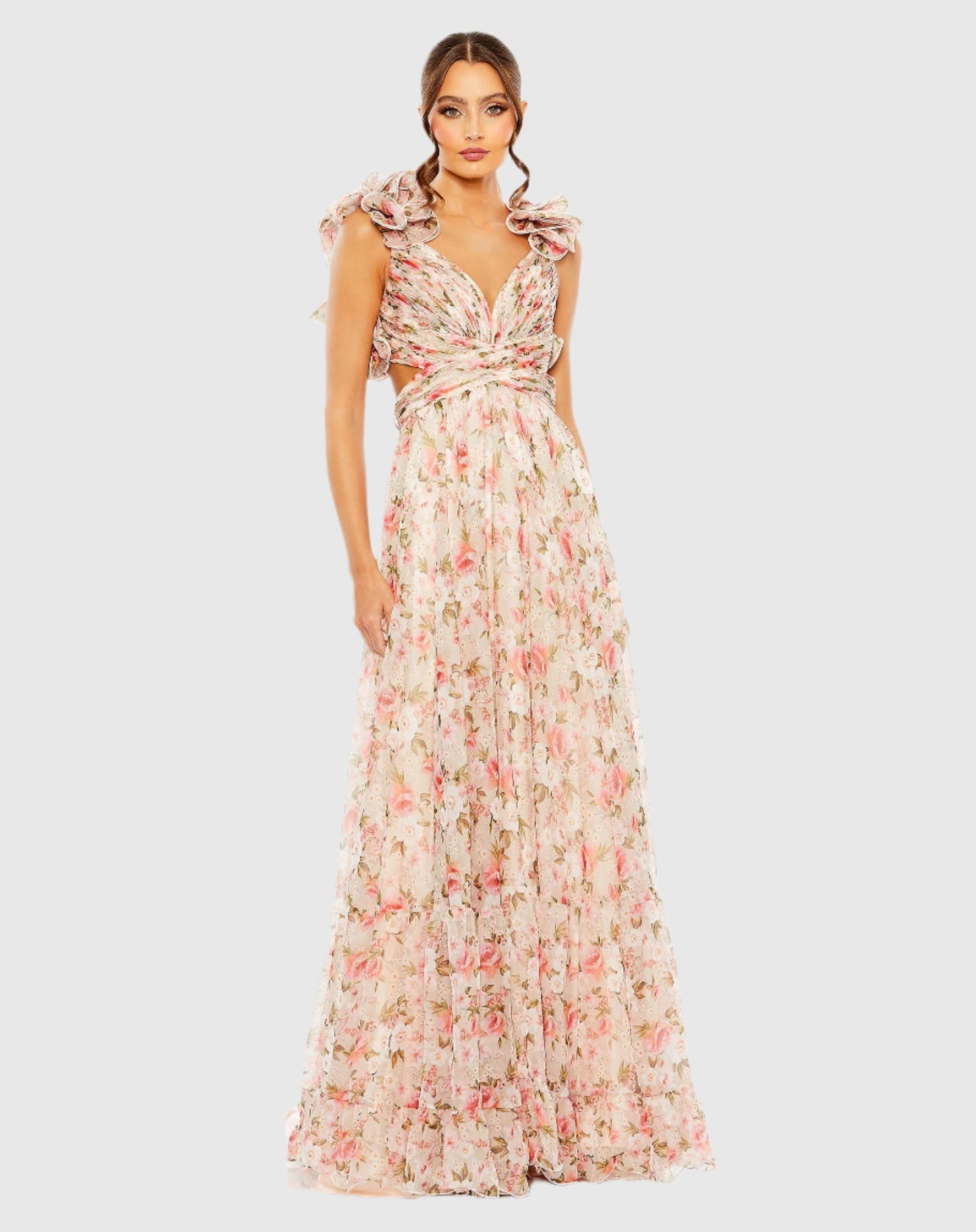 Ruffle tiered cut out chiffon floral gown Pink