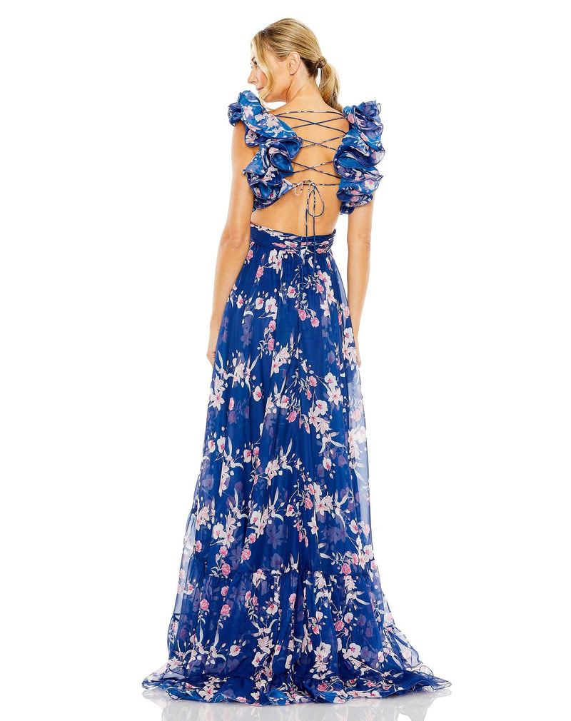 This very special, Summery, blue evening gown with gorgeous ditsy floral print is a show-stopping dress cut out