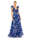 This very special, Summery, blue evening gown with gorgeous ditsy floral print is a show-stopping dress