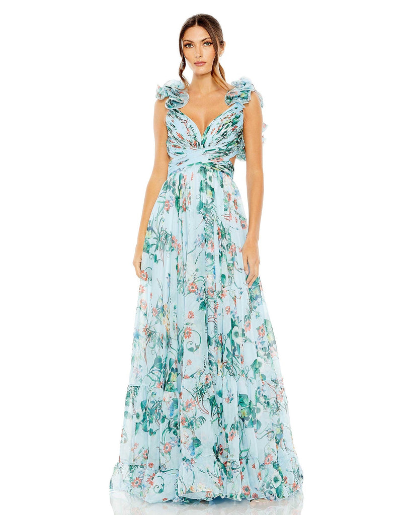 Style #68521 Designer: Mac Duggal RUFFLE TIERED FLORAL CUT-OUT CHIFFON GOWN - Blue Multi