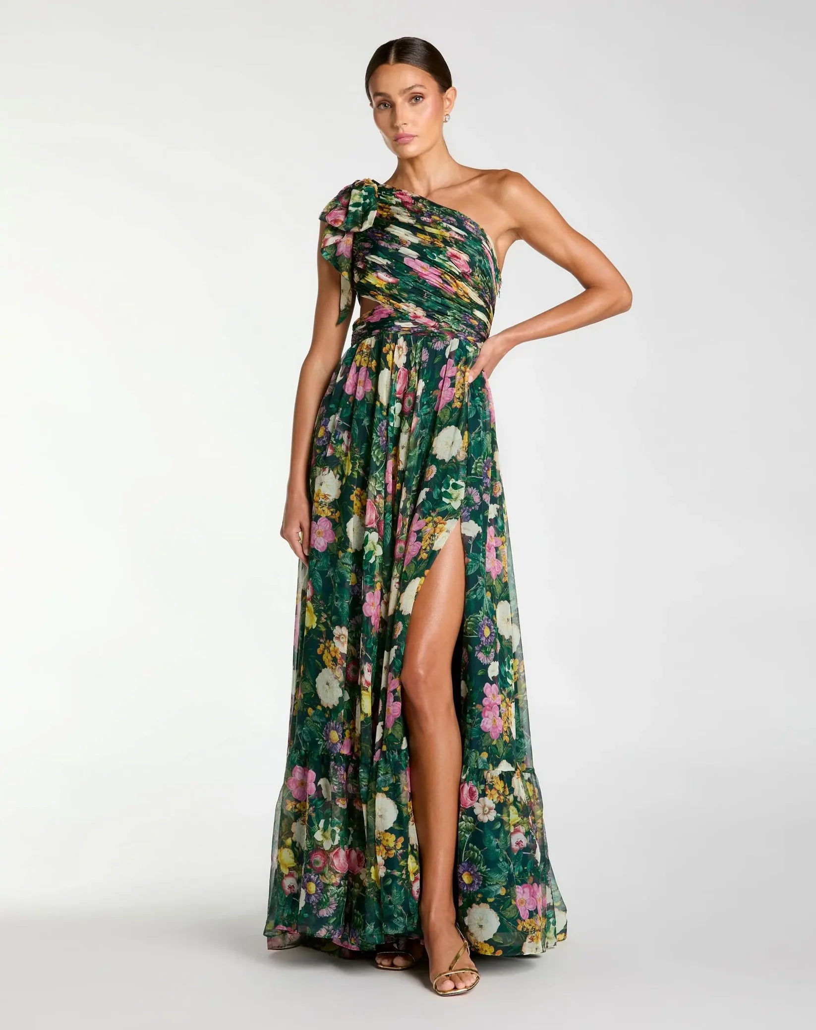Green One Shoulder Floral Printed Chiffon Side Cut Out Gown
