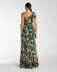 Green One Shoulder Floral Printed Chiffon Side Cut Out Gown
