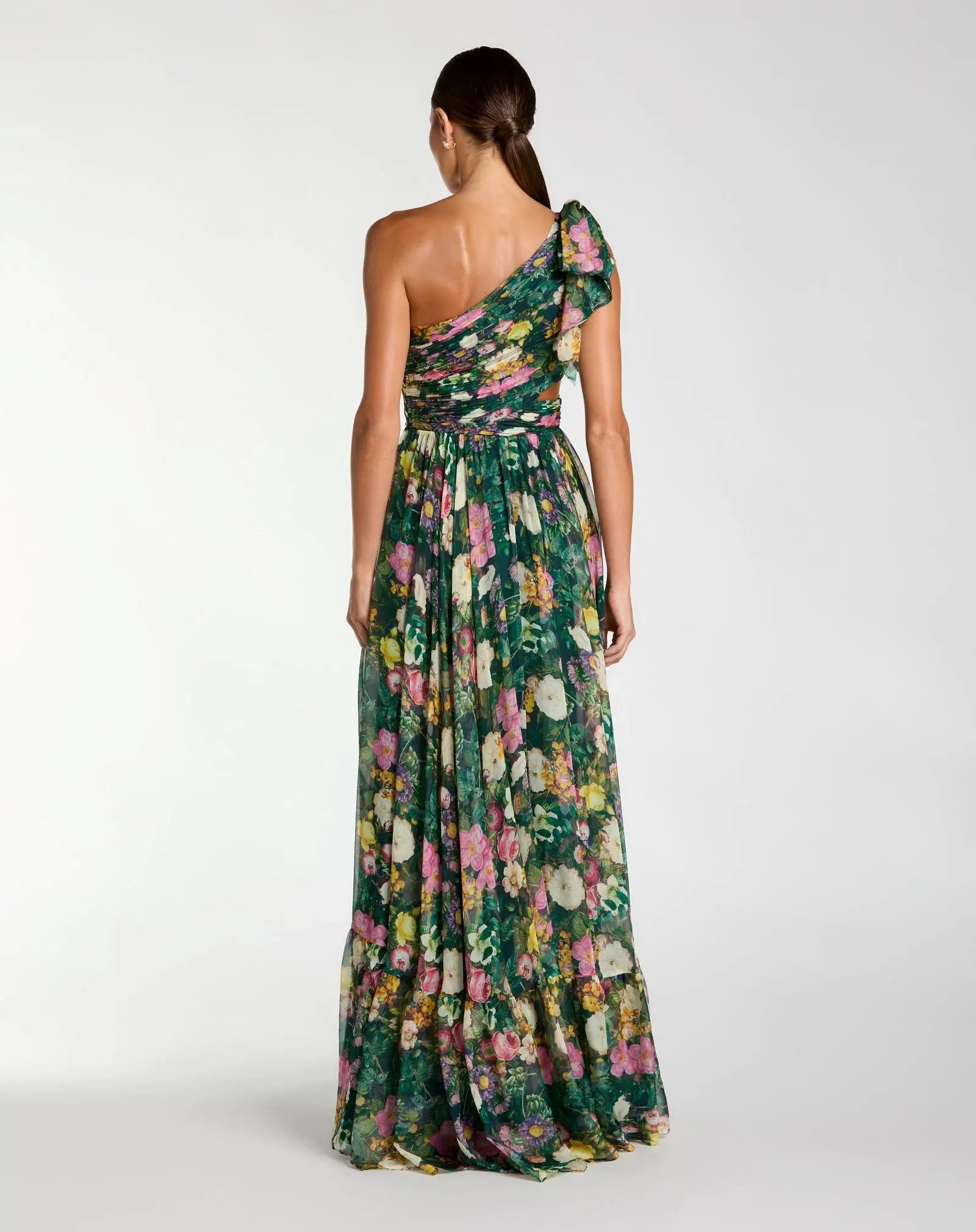 Green One Shoulder Floral Printed Chiffon Side Cut Out Gown
