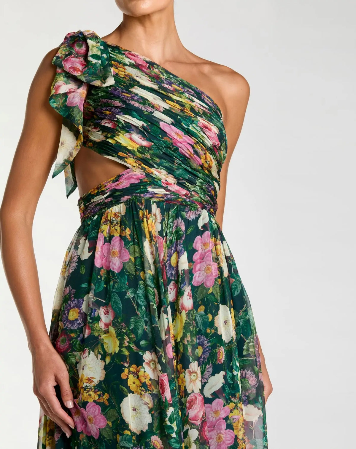 Green One Shoulder Floral Printed Chiffon Side Cut Out Gown
