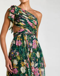 Green One Shoulder Floral Printed Chiffon Side Cut Out Gown
