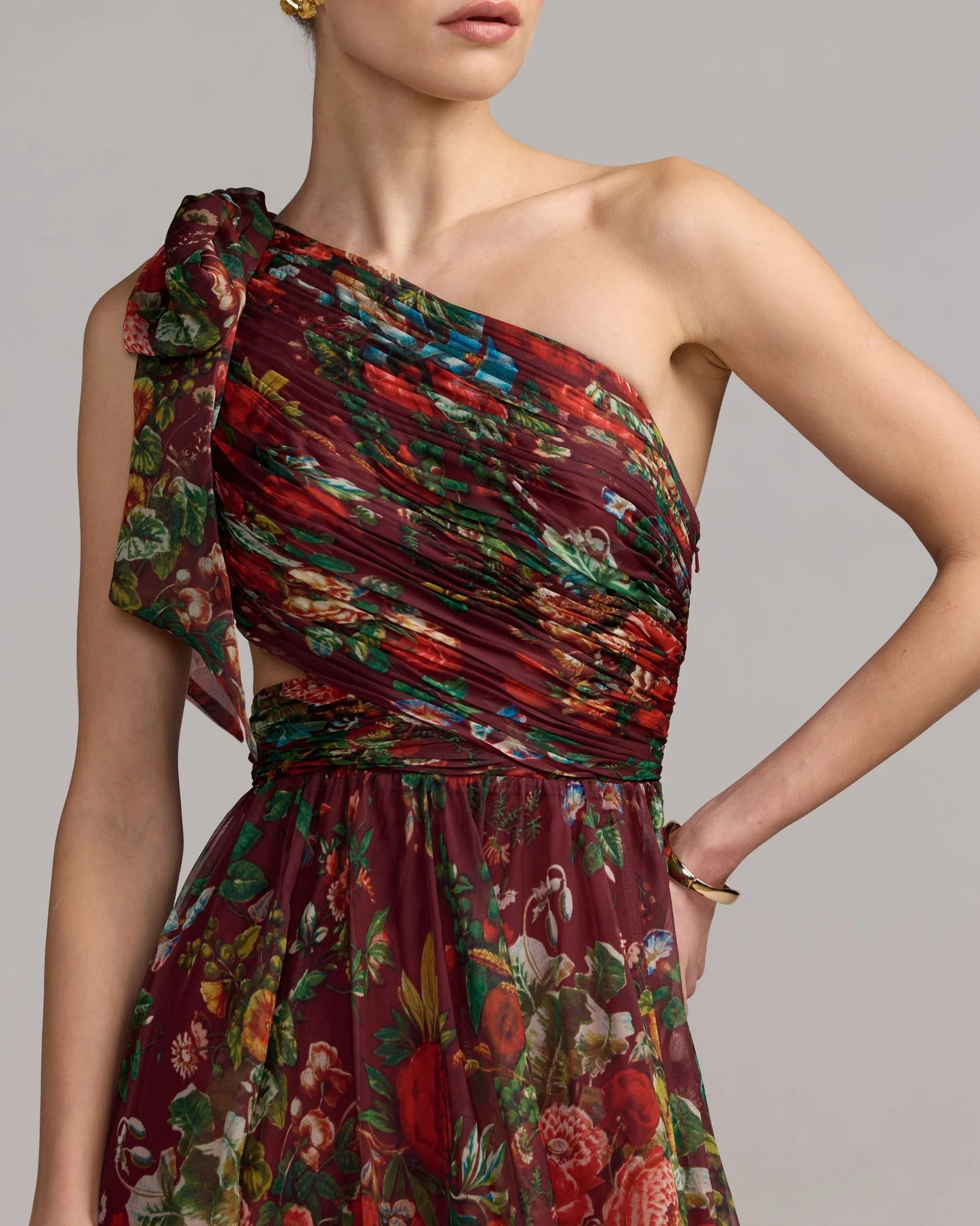 Mac Duggal Wine Multi Side Cut Out One Shoulder Gown #68553 close up