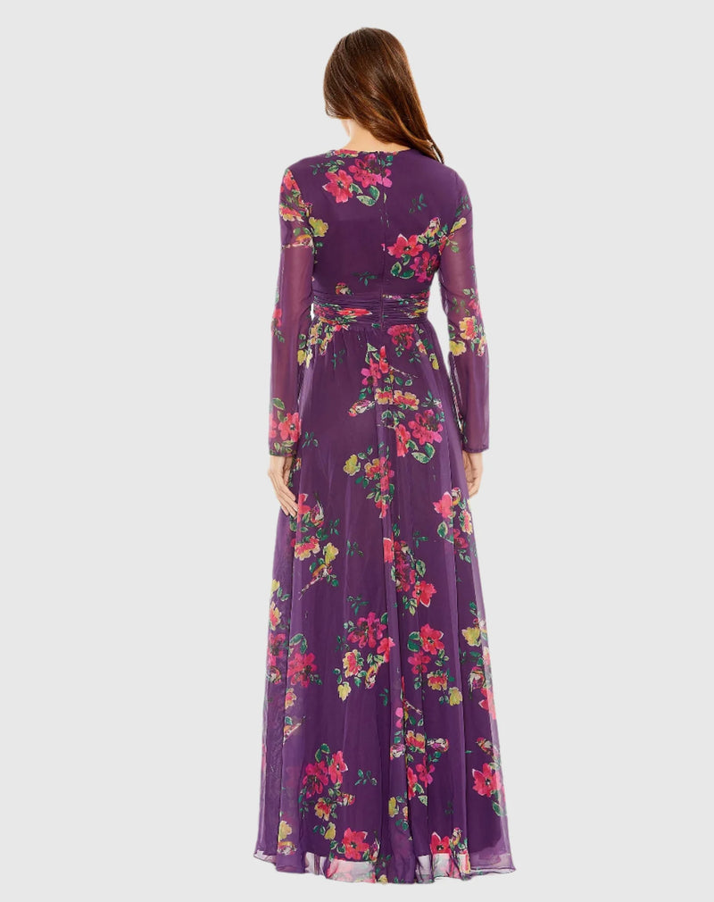 Long sleeve floral print sun dress - Purple