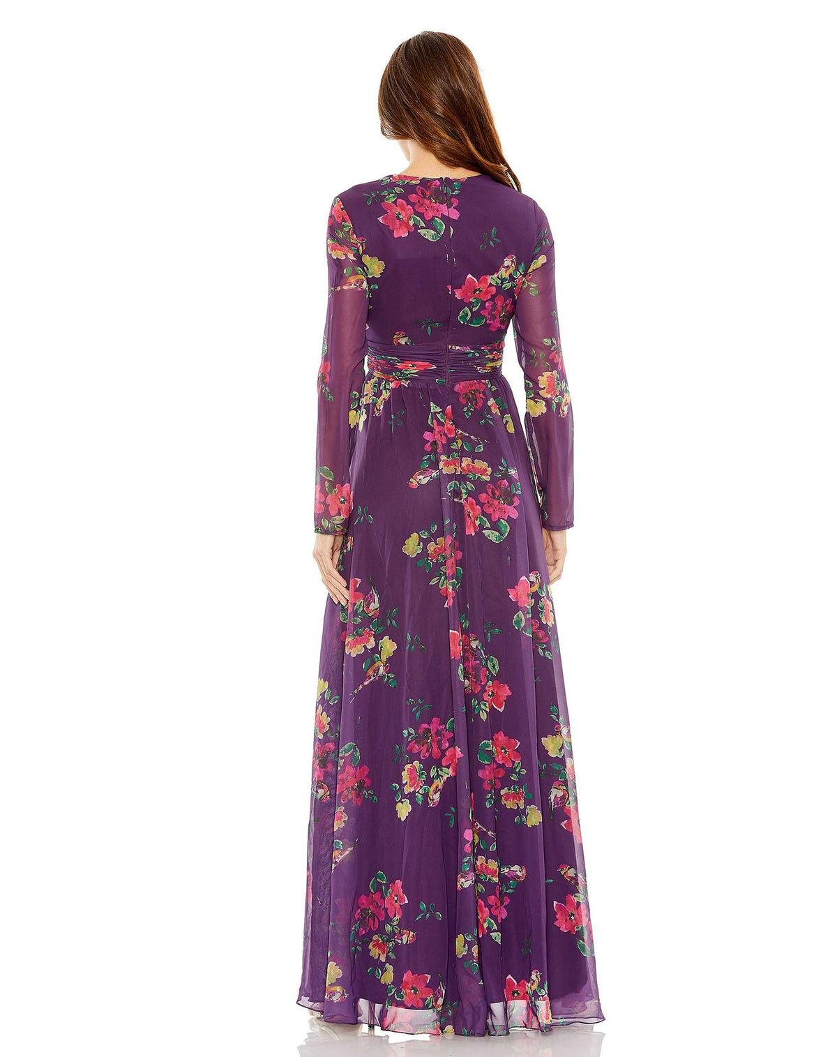 Mac Duggal Style #68558 Long sleeve floral print sun dress - Purple back