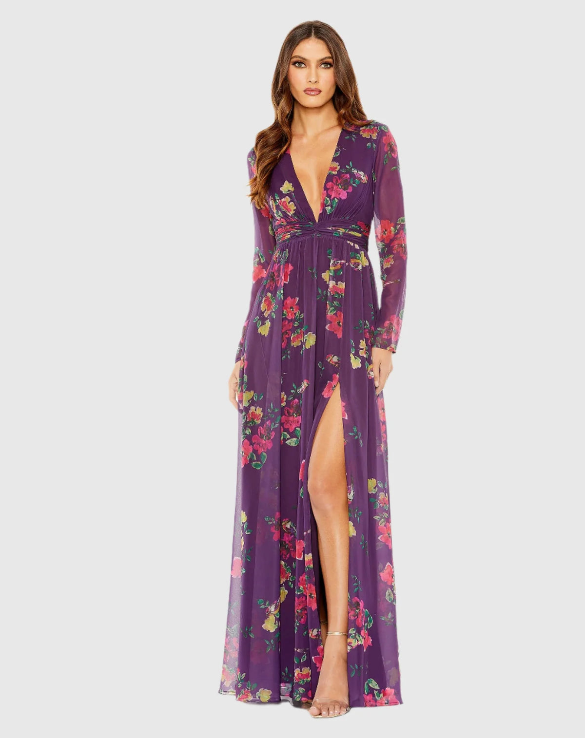Mac Duggal, Long sleeve floral print sun dress, Purple #68558