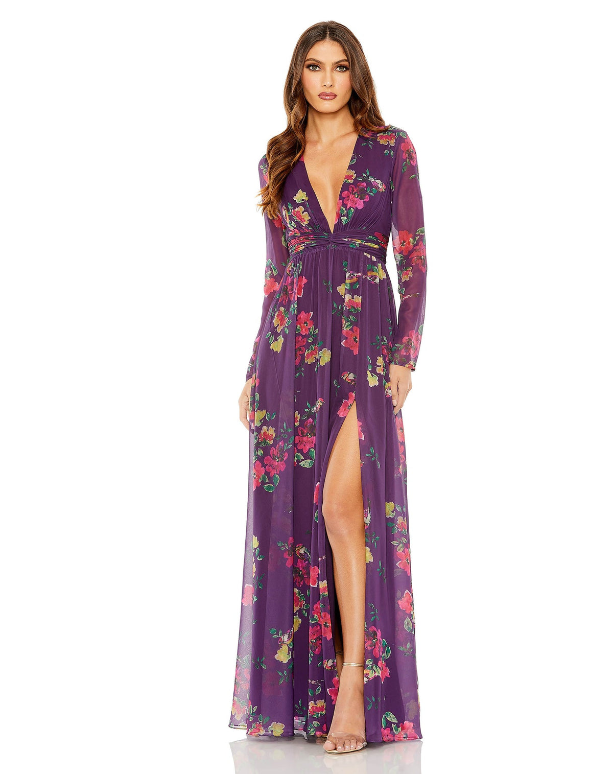 Mac Duggal Style #68558 Long sleeve floral print sun dress - Purple