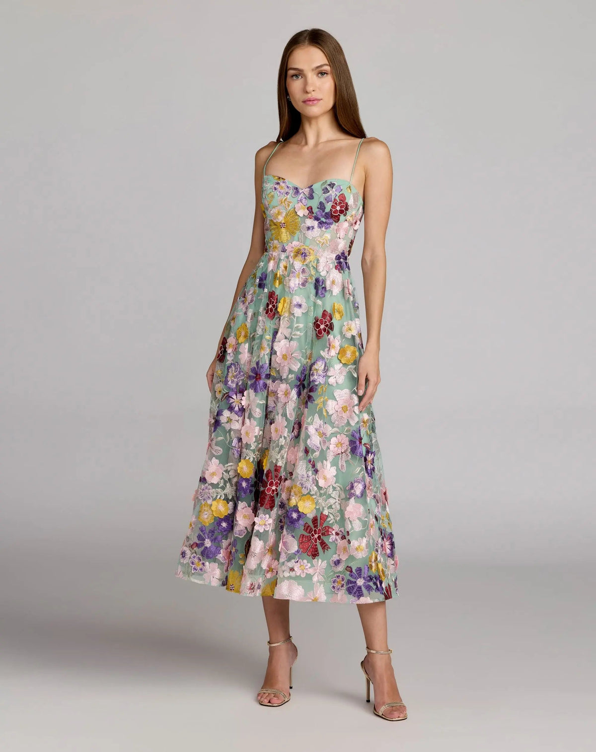 Mac Duggal 68605 Sage Multi sweetheart neck embroidered midi dress - front