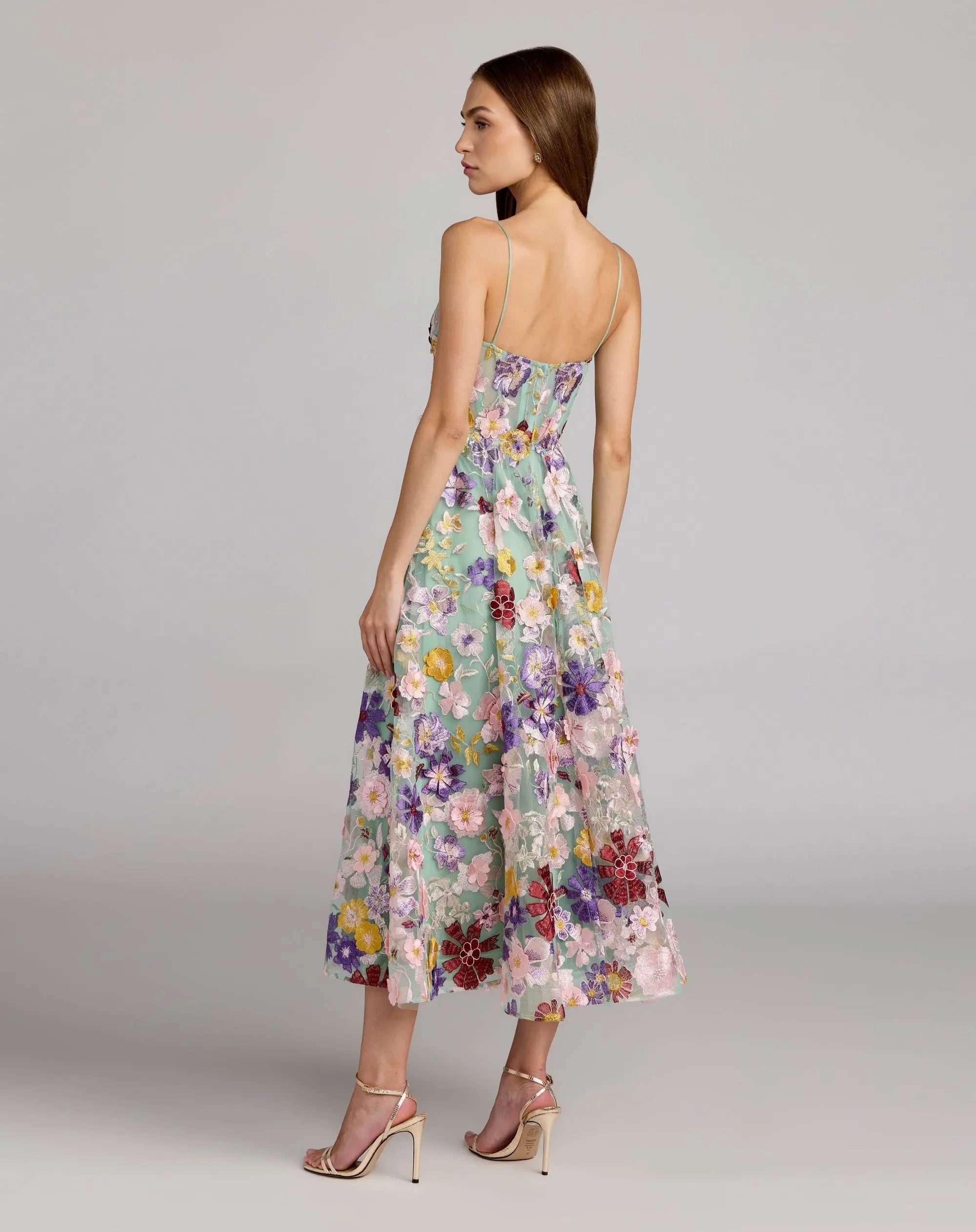 Mac Duggal 68605 Sage Multi sweetheart neck embroidered midi dress - back