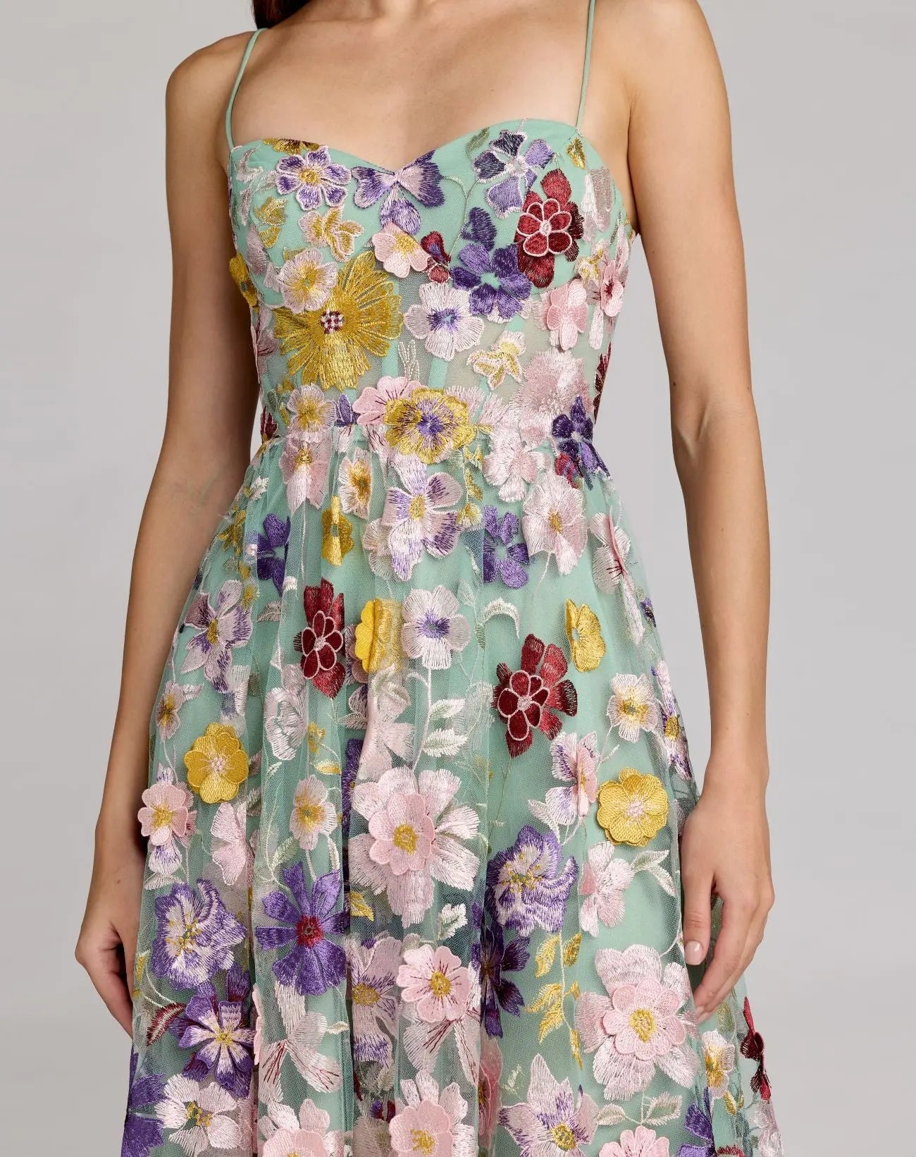 Mac Duggal 68605 Sage Multi sweetheart neck embroidered midi dress - detail